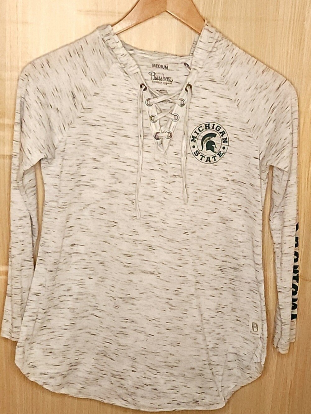 Michigan State University white heathered hooded lace up shirt Pressbox medium